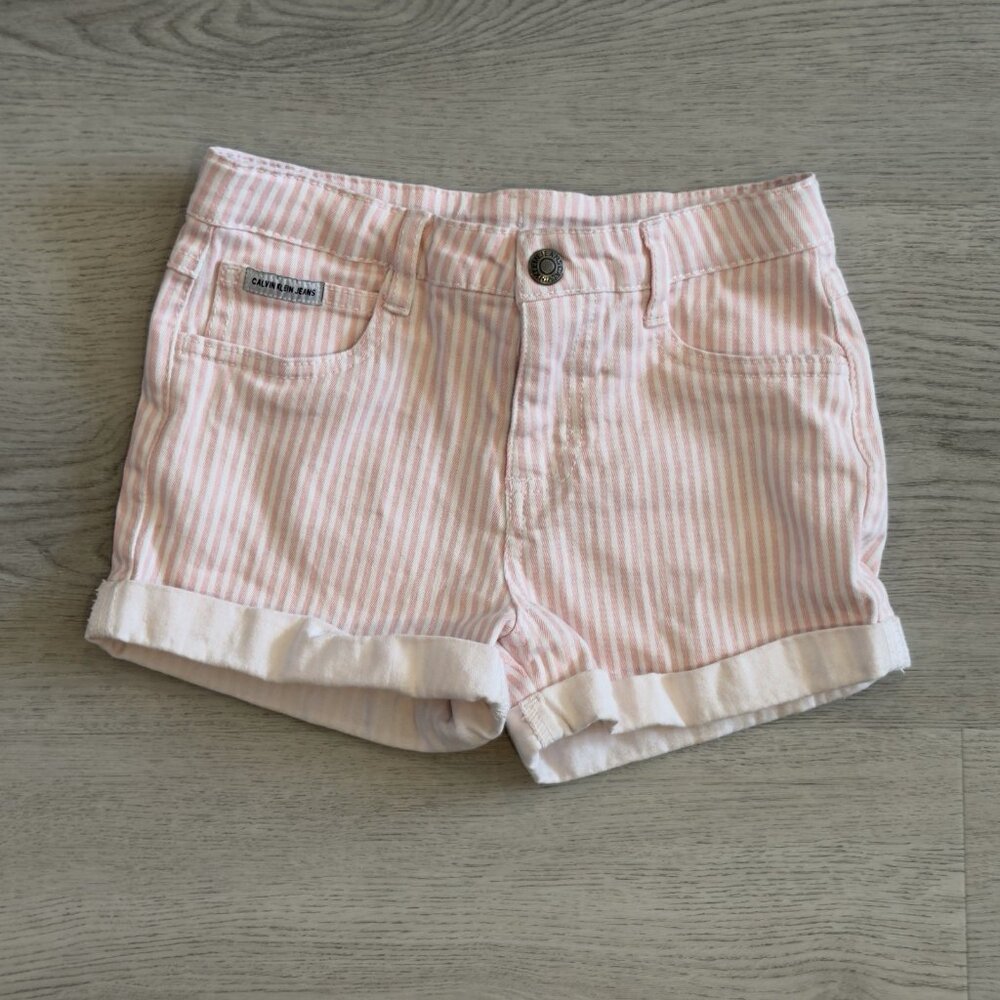 Calvin Klein Girls Striped Denim Shorts Size 6X Pink/White Candy Stripes